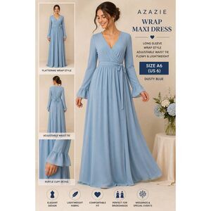 Azazie Dusty Blue Maxi Wrap Dress Long Sleeve Formal Bridesmaid Dress A6